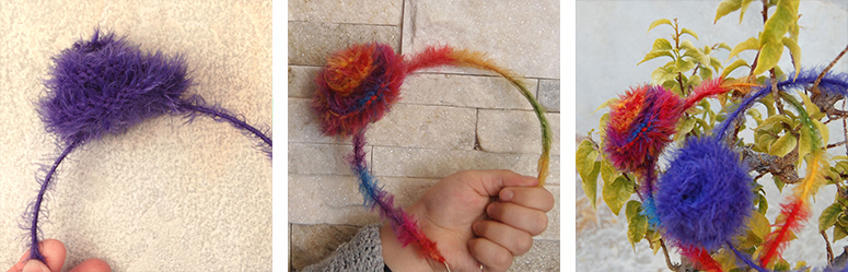 Resultado final: diadema tricotada con lana de pelo y flor